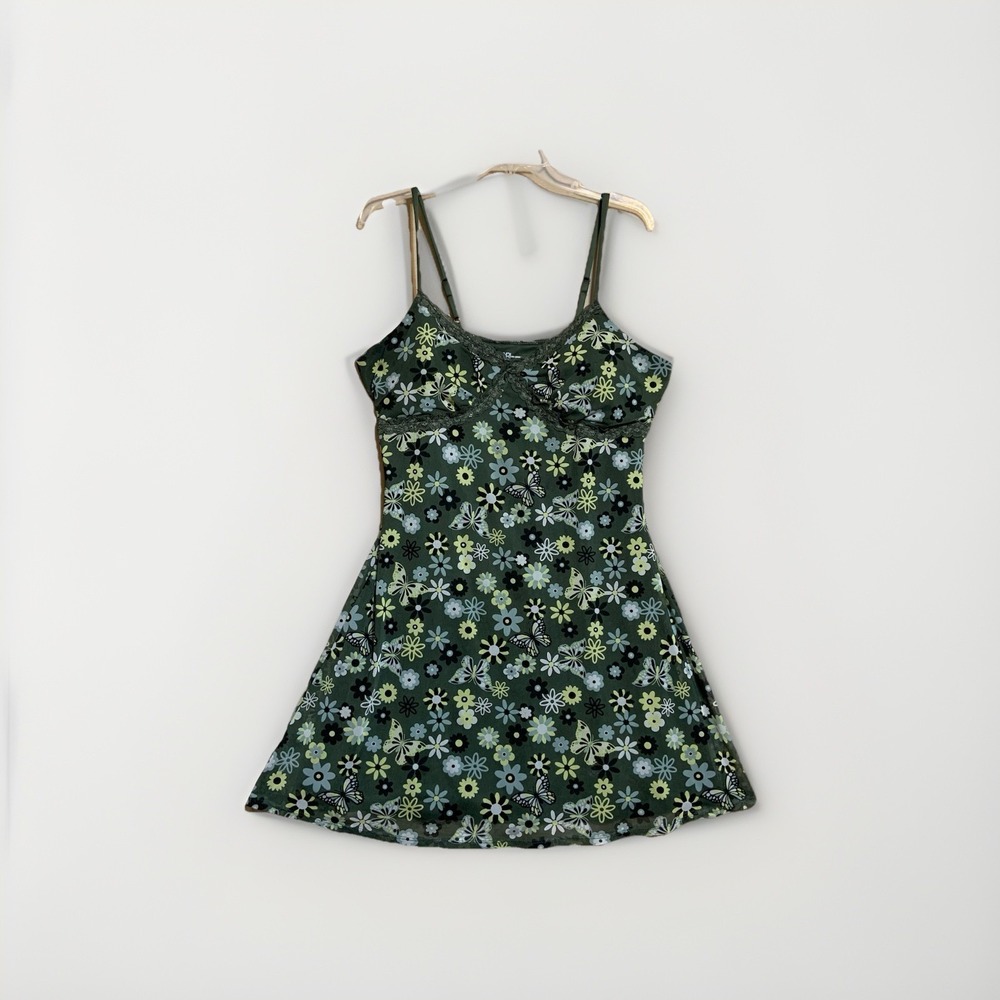Y2K No Boundaries Floral Mesh Slip Dress XL Olive Green Adjustable Strap Mini - Picture 3 of 7